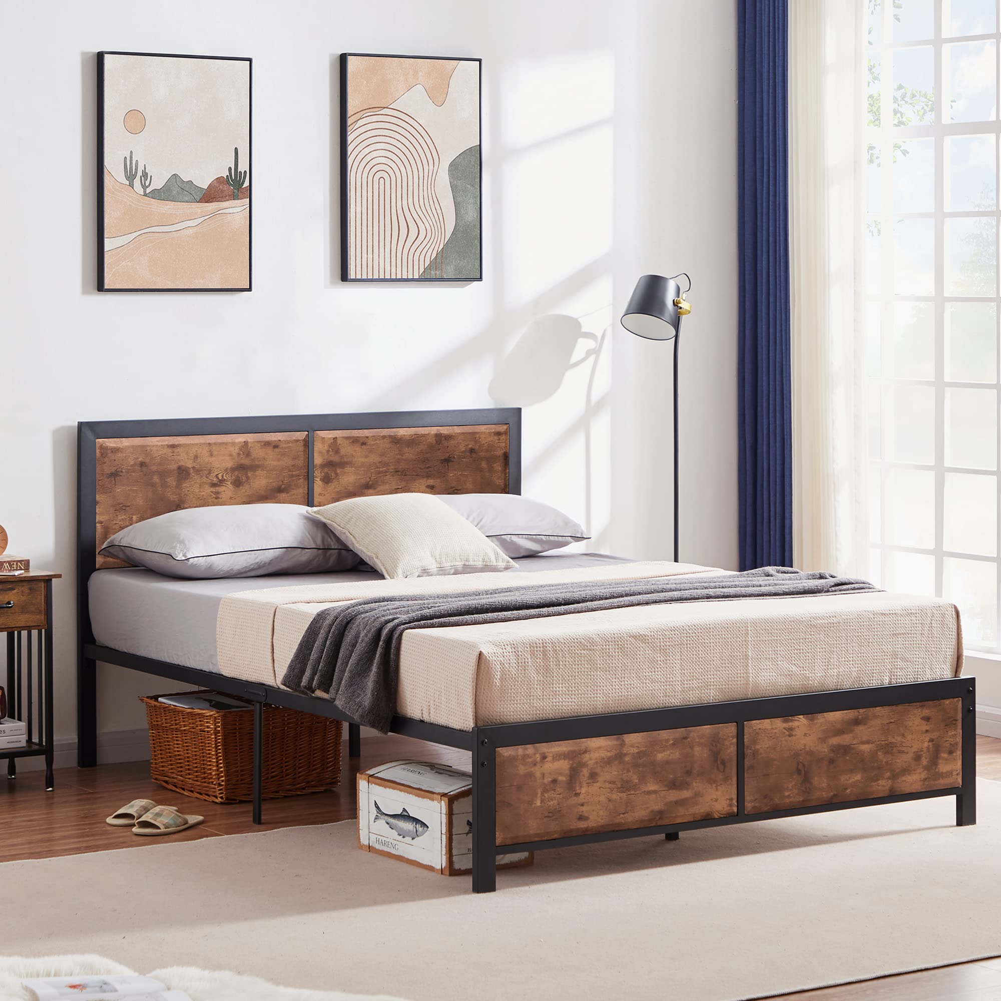 VECELO Queen Platform Bed Frame with Rustic Vintage Wood Headboard, Mattress Foundation, Strong Metal Slats Support, No Box Spring Needed ,Brown