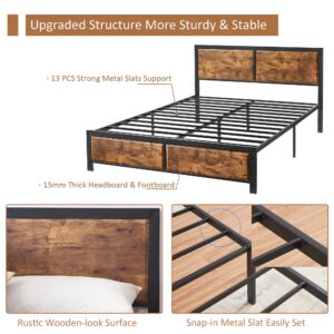 VECELO Queen Platform Bed Frame with Rustic Vintage Wood Headboard, Mattress Foundation, Strong Metal Slats Support, No Box Spring Needed ,Brown