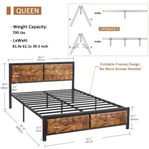 VECELO Queen Platform Bed Frame with Rustic Vintage Wood Headboard, Mattress Foundation, Strong Metal Slats Support, No Box Spring Needed ,Brown