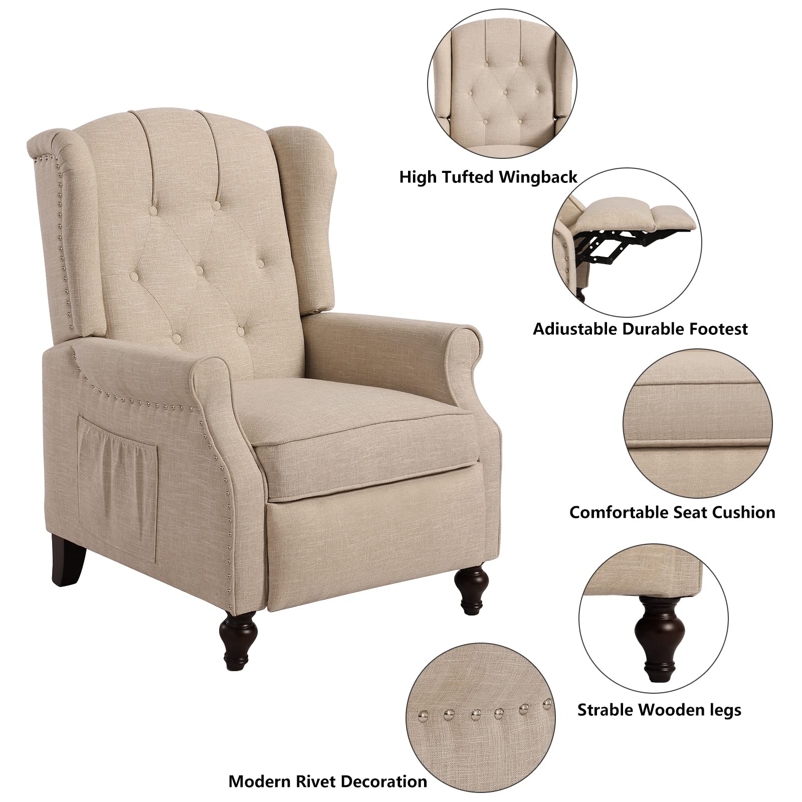 VUYUYU Wingback Recliner Chair, Push Back Arm Chair with Heat and Massage, Tufted Single Sofa for Home, Living Room, Office, Bedroom (Beige)