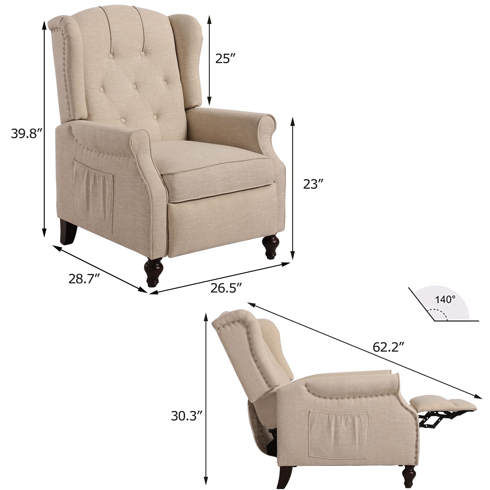 VUYUYU Wingback Recliner Chair, Push Back Arm Chair with Heat and Massage, Tufted Single Sofa for Home, Living Room, Office, Bedroom (Beige)