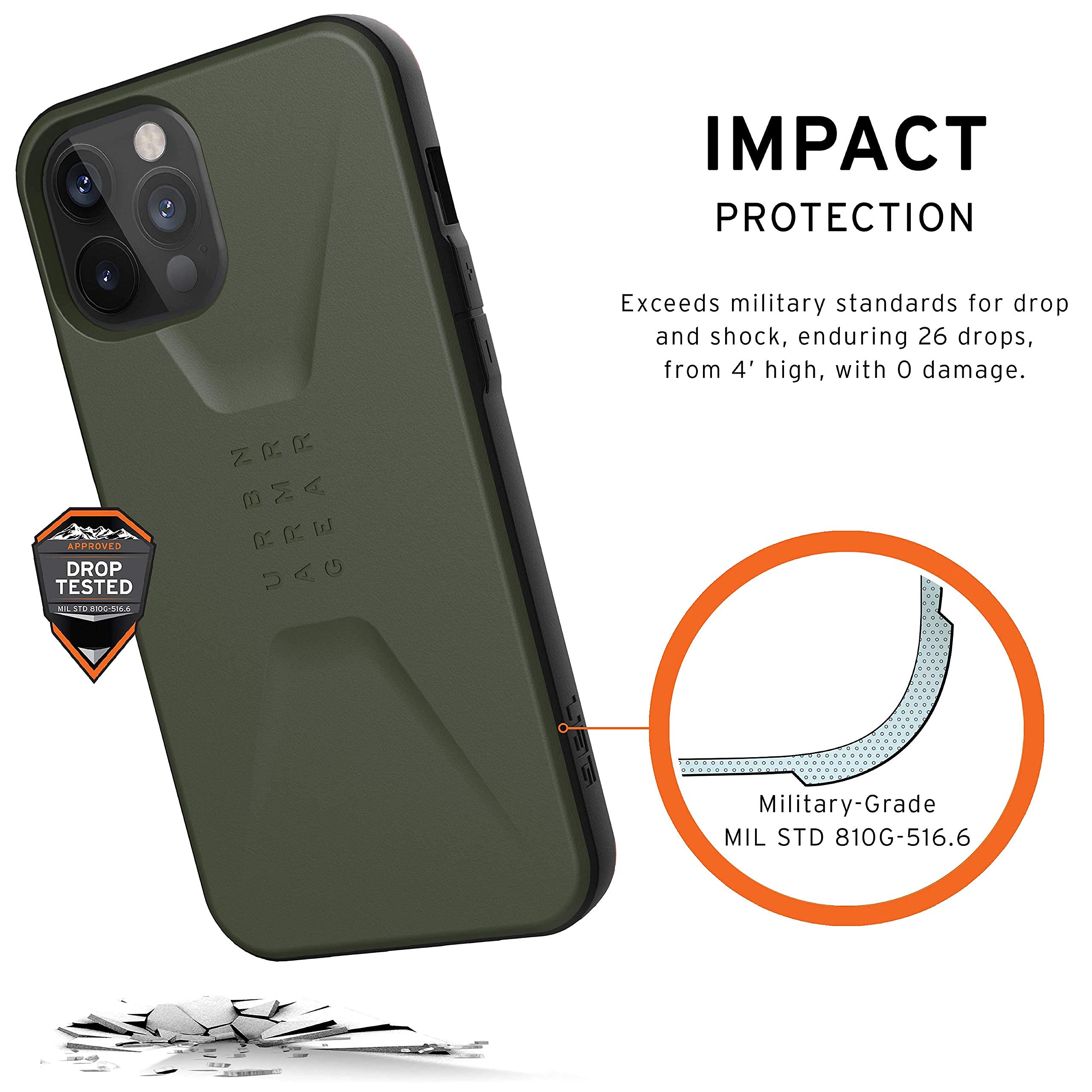 URBAN ARMOR GEAR UAG Designed for iPhone 12 Pro Max Case [6.7-inch screen] Sleek Ultra-Thin Shock-Absorbent Civilian Protective Cover, Olive