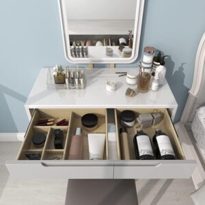 YOURLITE Vanity Table Set with 3 Modes Adjustable Brightness Mirror and Cushioned Stool, Dressing Table Vanity Makeup Table with Free Make-up Organizer