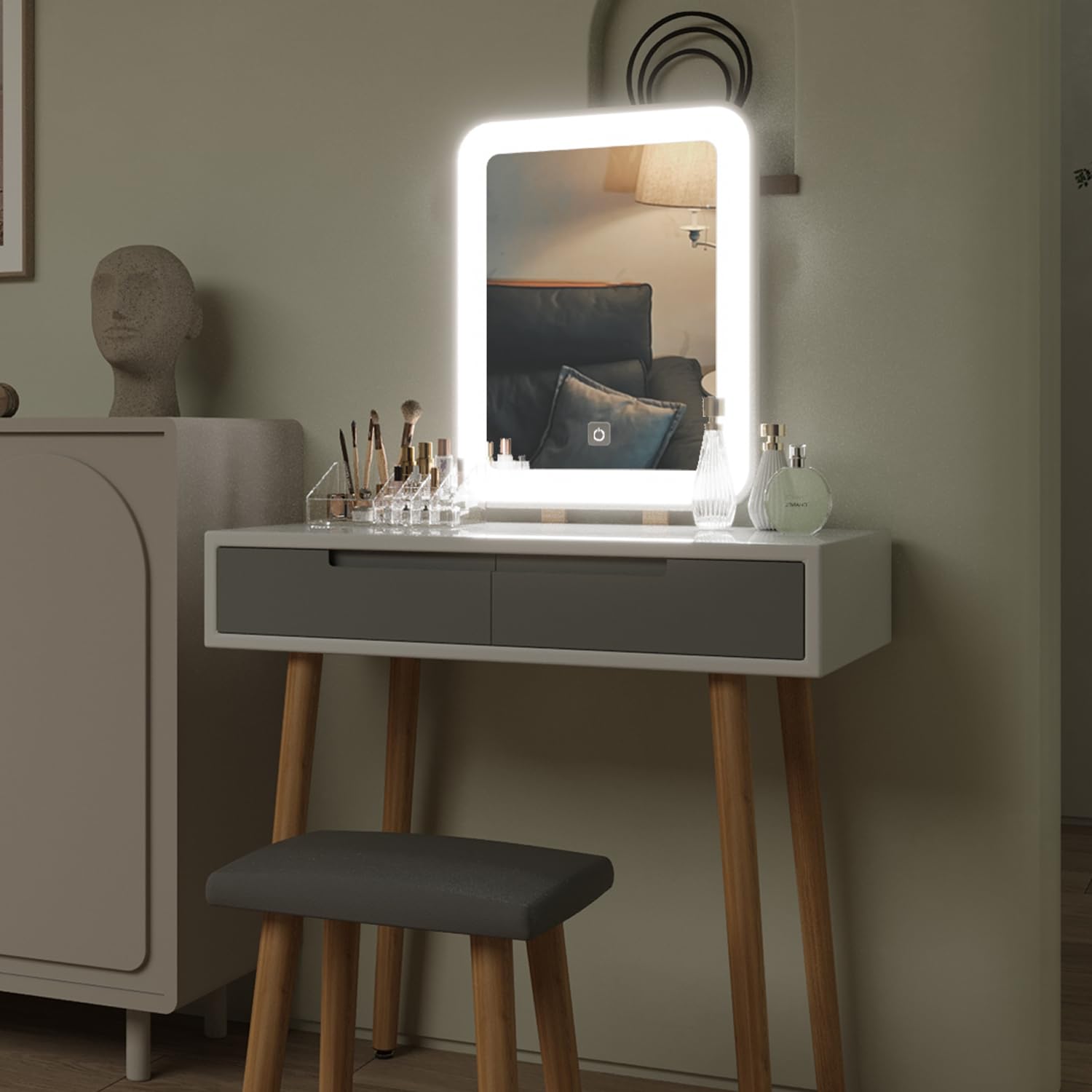 YOURLITE Vanity Table Set with 3 Modes Adjustable Brightness Mirror and Cushioned Stool, Dressing Table Vanity Makeup Table with Free Make-up Organizer