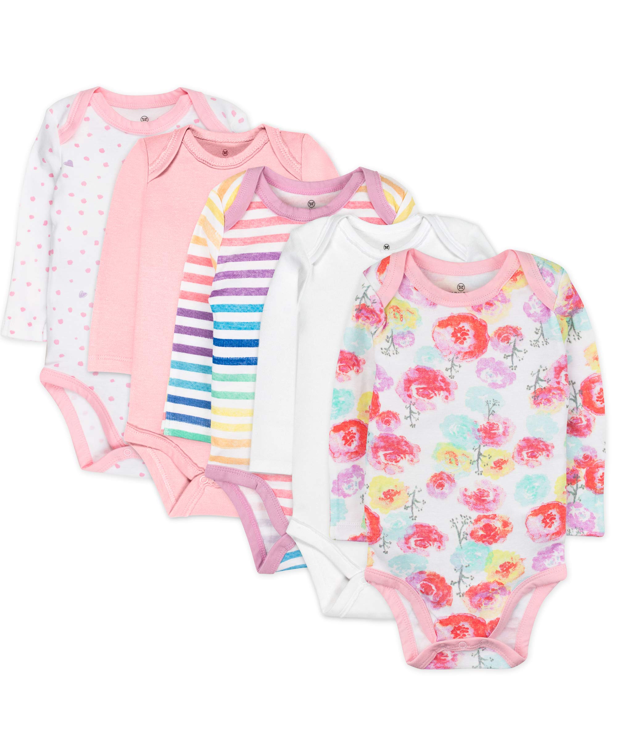 HonestBaby 5-Pack Organic Cotton Long Sleeve Bodysuits, Rose Blossom, 12 Months