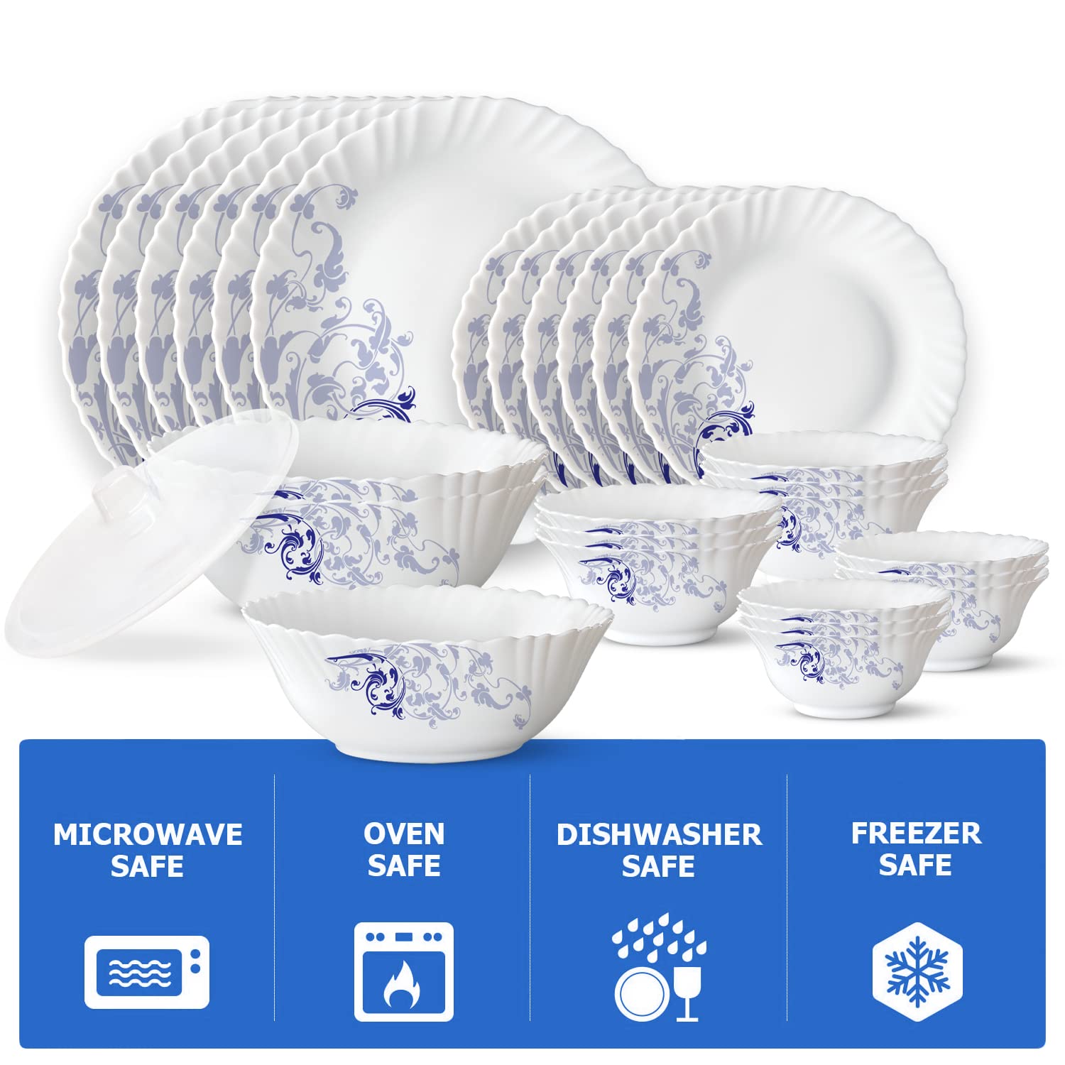 Borosil Gourmet Dinnerware Set For 6, 35 Pieces, White Dinner Plates and Bowls Sets, Chip Resistant Tempered Opal Glass, Stain Resistant, Dishwasher & Microwave Safe Dinner Set For Gifting