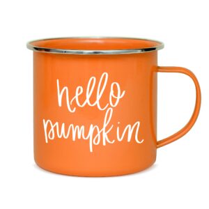 sweet water decor hello pumpkin coffee mug | 18oz galvanized steel campfire style coffee cup | fall mug, fall seasonal decor, pumpkin coffee cup