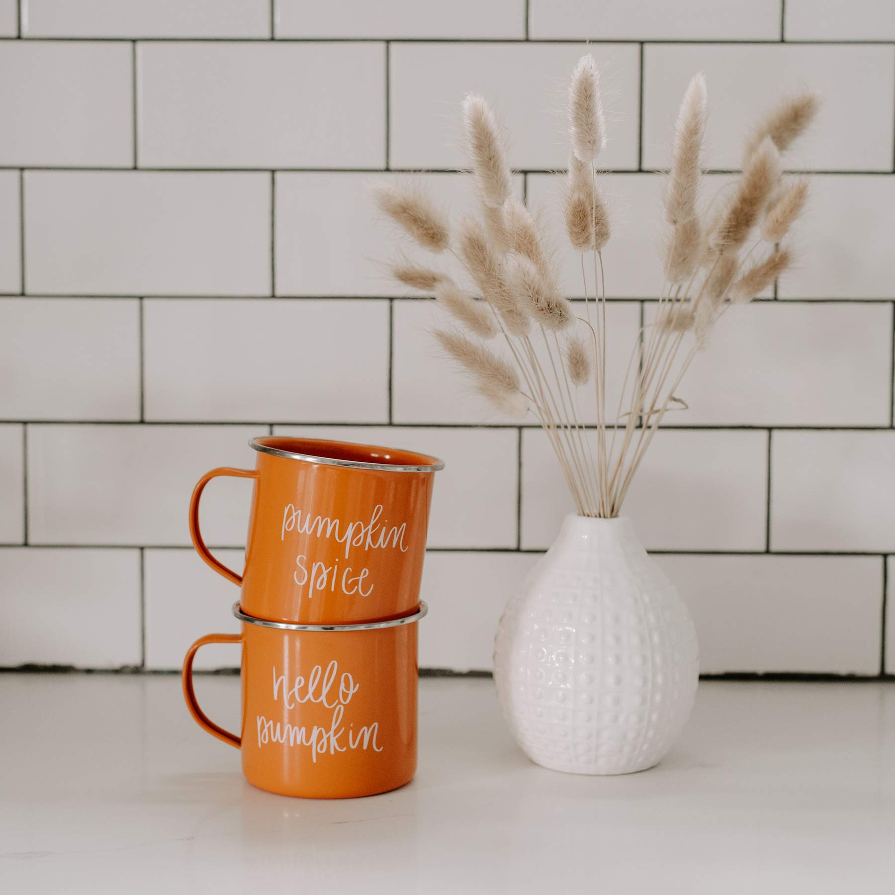 Sweet Water Decor Hello Pumpkin Coffee Mug | 18oz Galvanized Steel Campfire Style Coffee Cup | Fall Mug, Fall Seasonal Decor, Pumpkin Coffee Cup