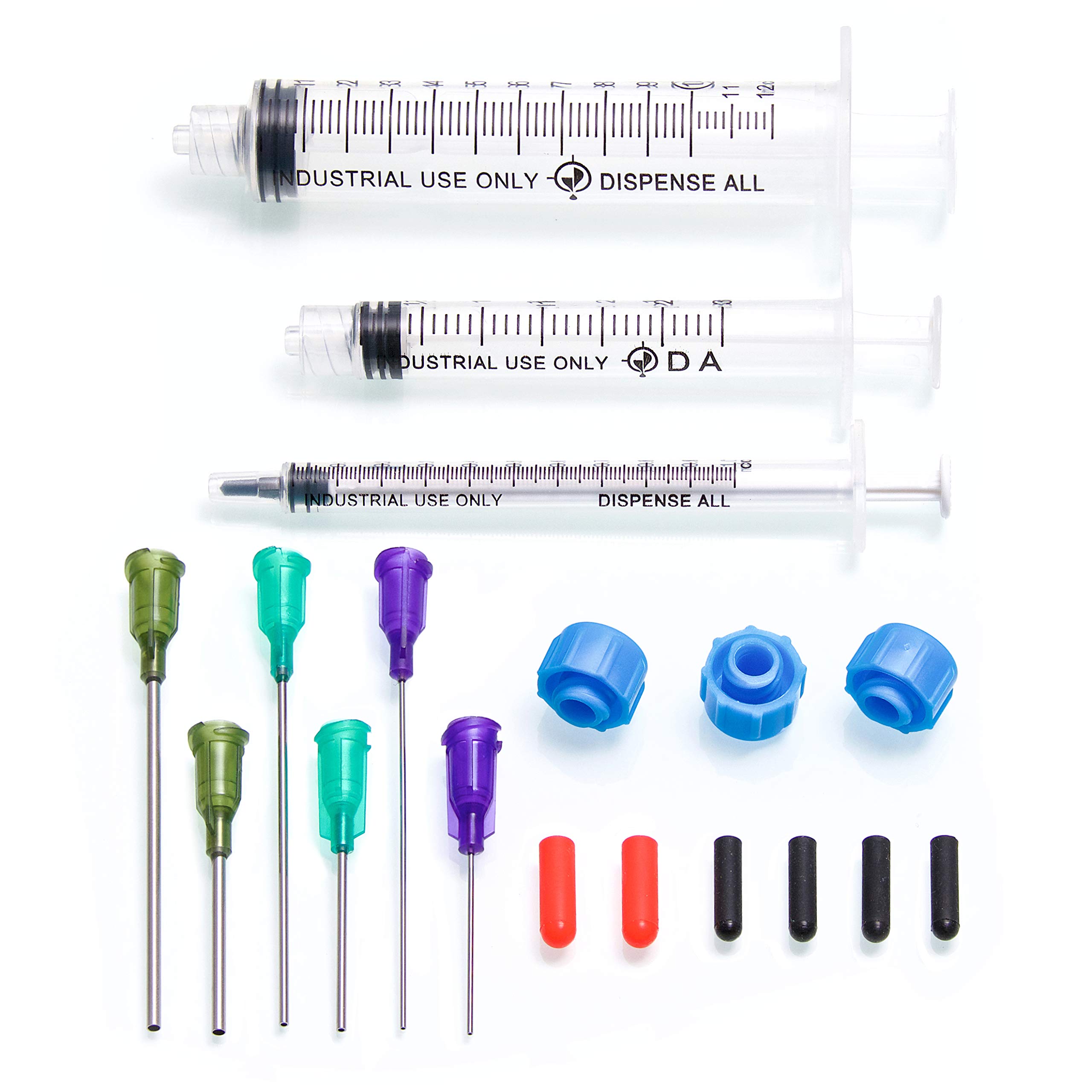 Dispense All - K2-3PK All-Purpose Industrial Syringe Kit - 1ml/3ml/10ml with 1 & 2 Inch 14, 18, & 21 Gauge Dispensing Tips, Syringe Caps and Tip Covers