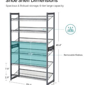 SONGMICS 6-Tier Shoe Rack Storage, Metal Shoe Organizer Stand for Garage, Entryway, Set of 2 3-Tier Stackable Shoe Rack Shelf, with Adjustable Flat or Angled Shelves, Holds 18-24 Pairs, Grey