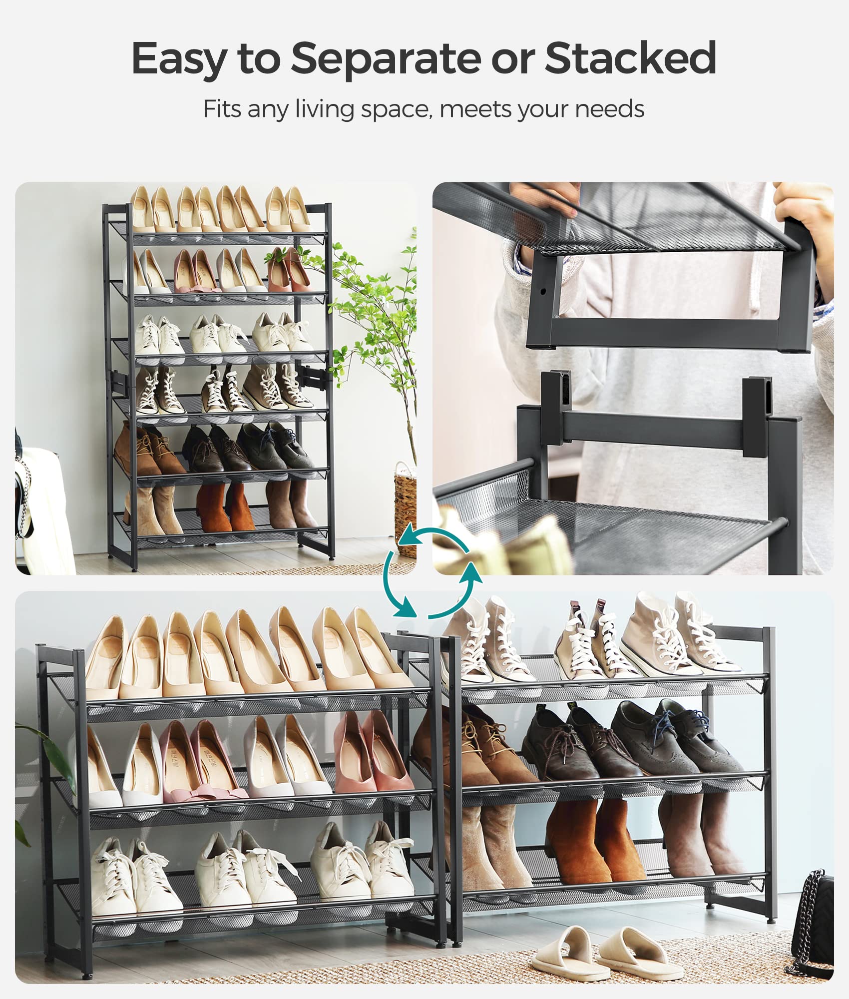 SONGMICS 6-Tier Shoe Rack Storage, Metal Shoe Organizer Stand for Garage, Entryway, Set of 2 3-Tier Stackable Shoe Rack Shelf, with Adjustable Flat or Angled Shelves, Holds 18-24 Pairs, Grey