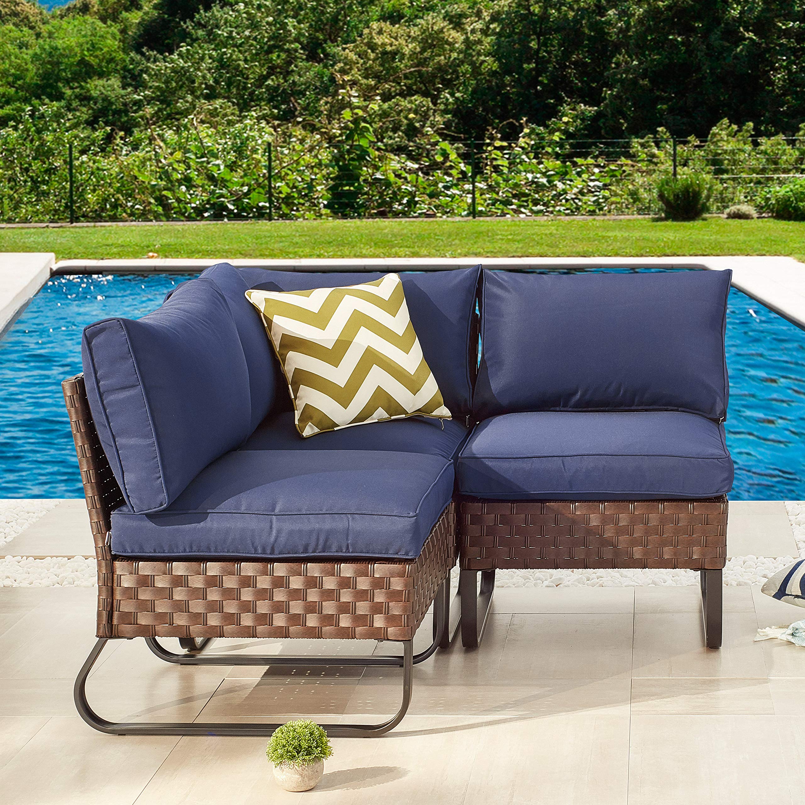 LOKATSE HOME 3 Pcs Outdoor Rattan Furniture Patio Conversation Sectional Set All-Weather Wicker Corner Sofa Metal Armless Chair with Cushion, Blue