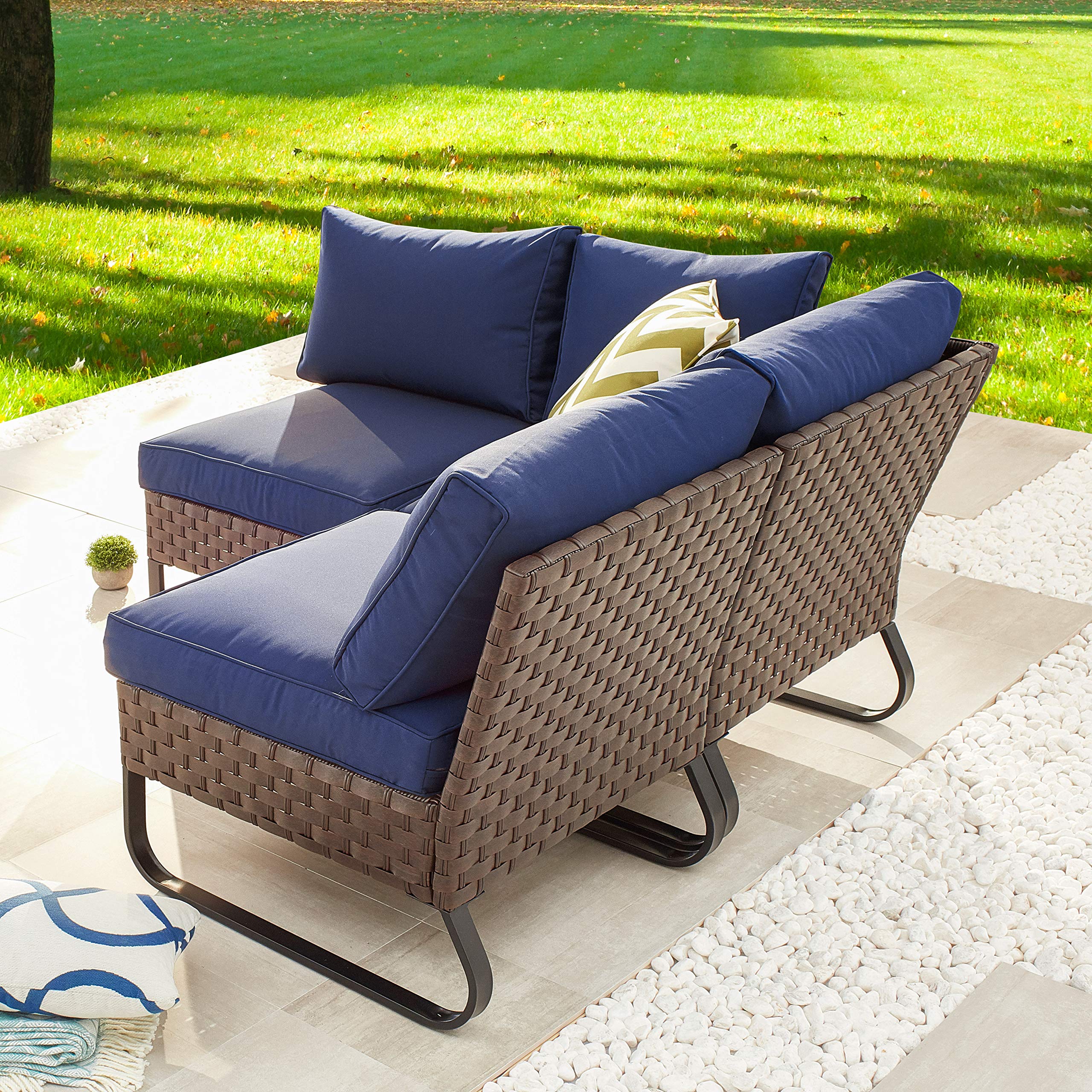 LOKATSE HOME 3 Pcs Outdoor Rattan Furniture Patio Conversation Sectional Set All-Weather Wicker Corner Sofa Metal Armless Chair with Cushion, Blue