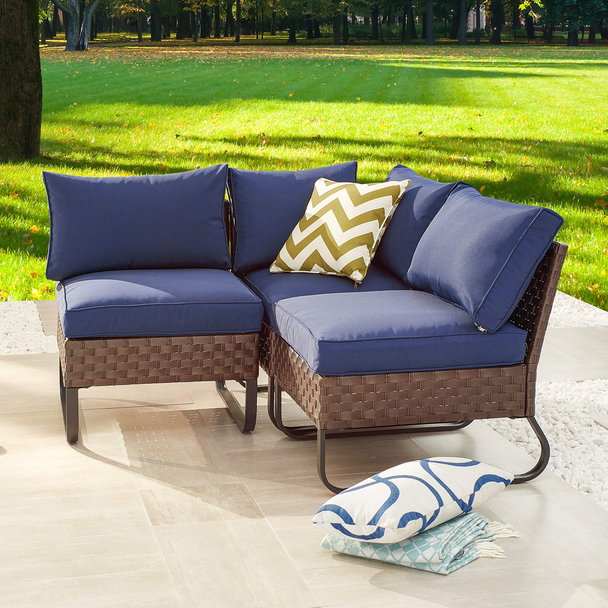 LOKATSE HOME 3 Pcs Outdoor Rattan Furniture Patio Conversation Sectional Set All-Weather Wicker Corner Sofa Metal Armless Chair with Cushion, Blue