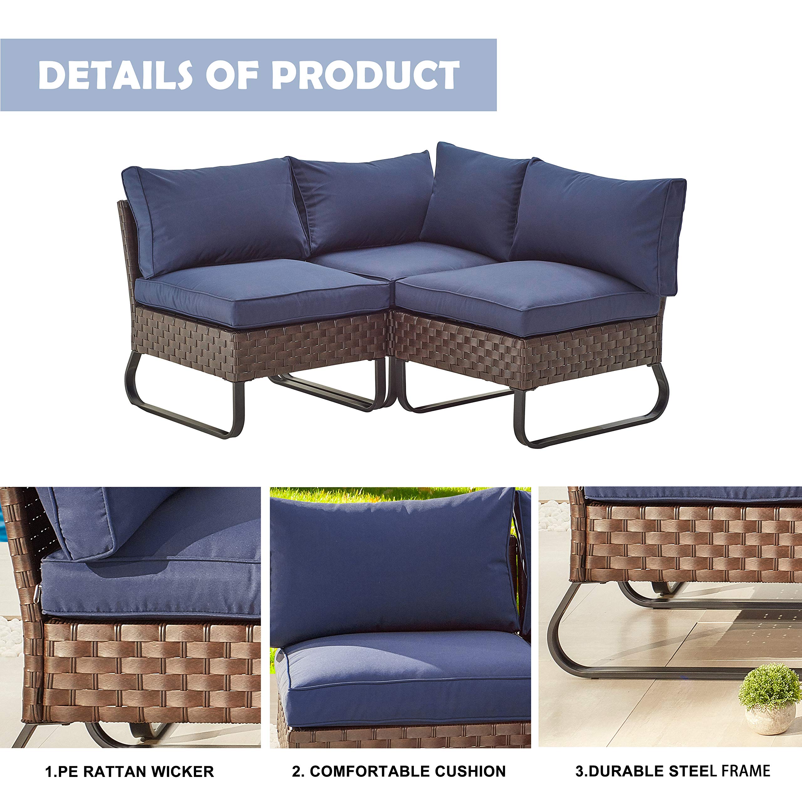 LOKATSE HOME 3 Pcs Outdoor Rattan Furniture Patio Conversation Sectional Set All-Weather Wicker Corner Sofa Metal Armless Chair with Cushion, Blue