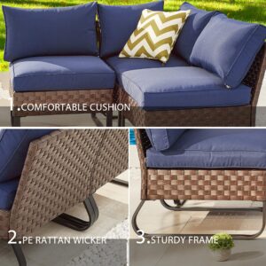 LOKATSE HOME 3 Pcs Outdoor Rattan Furniture Patio Conversation Sectional Set All-Weather Wicker Corner Sofa Metal Armless Chair with Cushion, Blue