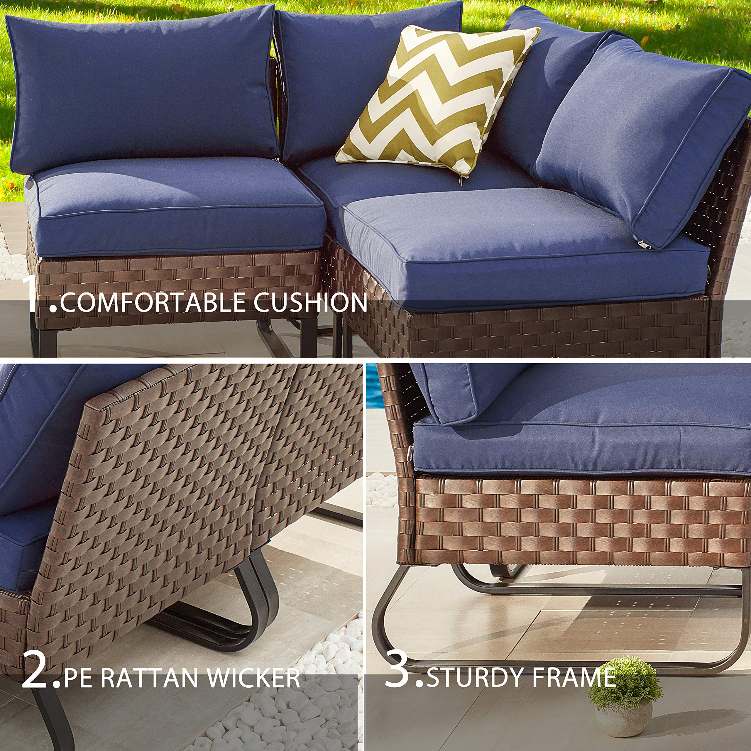 LOKATSE HOME 3 Pcs Outdoor Rattan Furniture Patio Conversation Sectional Set All-Weather Wicker Corner Sofa Metal Armless Chair with Cushion, Blue