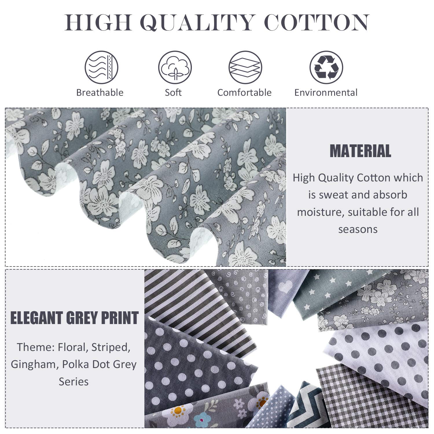 12 Pieces Quilting Fabric Grey Fat Quarters Floral Craft Fabric Bundle Patchwork Pre-Cut Sewing Square Sheets, 20 x 16 Inch/ 50 x 40 cm