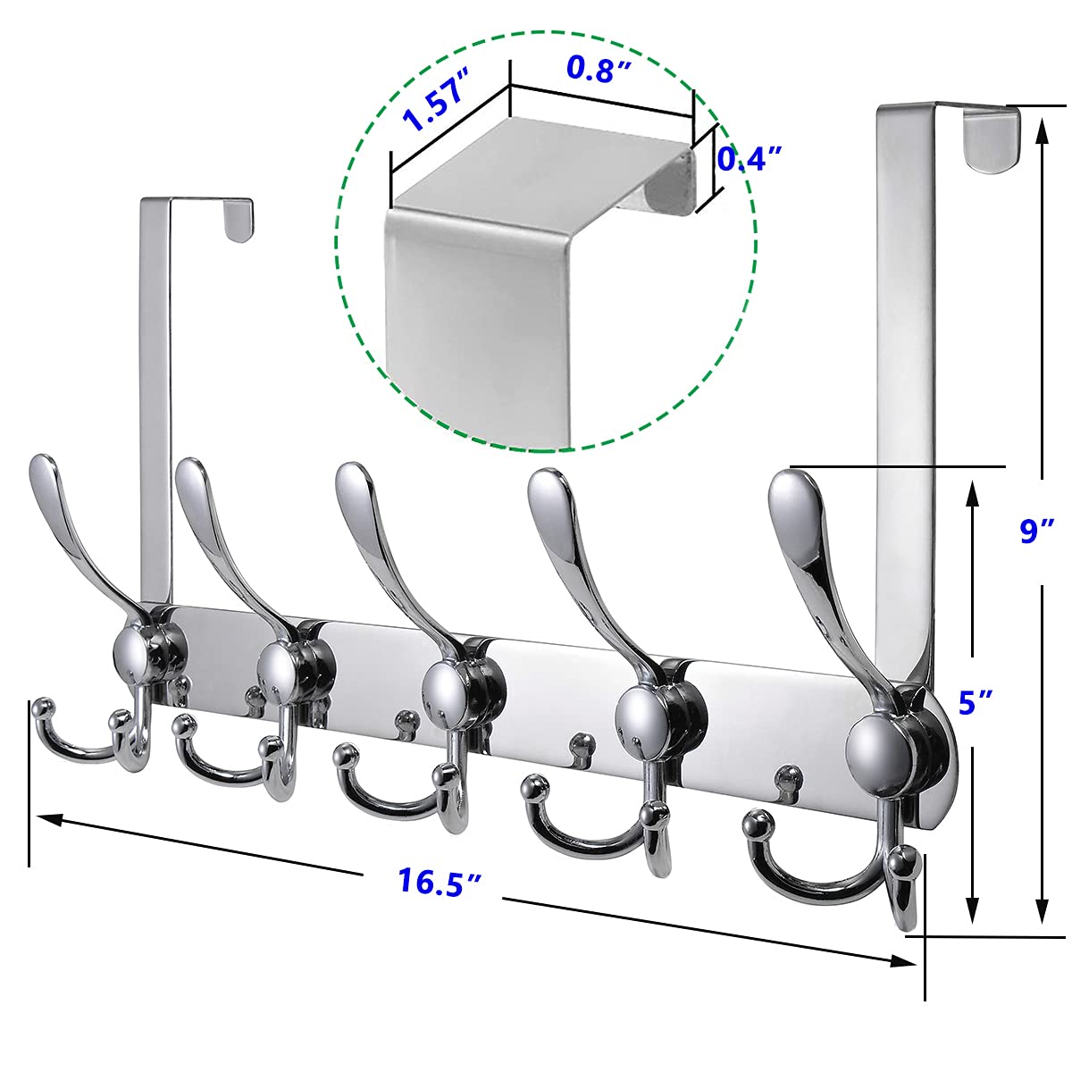 LYLIN Over The Door Hook, TEKI 5 Tri Hooks for 1.6” Thick Door, Over The Door Hook Hanger, Heavy Duty Over Door Rack for Hanging Coats Clothes Hats Robes Towels (Silver, 1.6”)