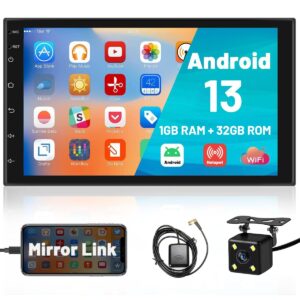 hikity android 13 double din car stereo 7 inch touch screen car radio gps navigation wifi bluetooth fm radio mirror link for ios/android phones, with 12 led lights ahd rear view camera mic