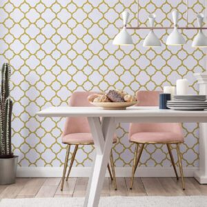 Safiyya 118"x17.7" Gold Peel and Stick Wallpaper White and Gold Pattern Contact Paper Self Adhesive Decorative Removable Contact Paper for Cabinets Modern Bathroom Wallpaper for Kitchen