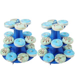 2 Set Navy Blue 3-Tier Round Cardboard Cupcake Stand for 24 Cupcakes Perfect for Blue Baby Shower Birthday Party Supplies (Navy)