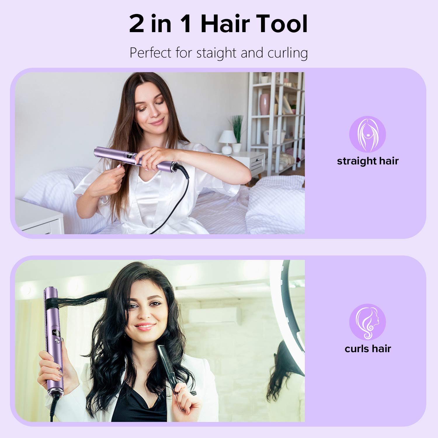 VillaCool Hair Straightener, Flat Iron Hair Straightener, Professional Hair Straightener and Curler 2 in 1, Flat Iron Curling Iron in One, Curling Straightening Iron Combo, Round Flat IronSalon