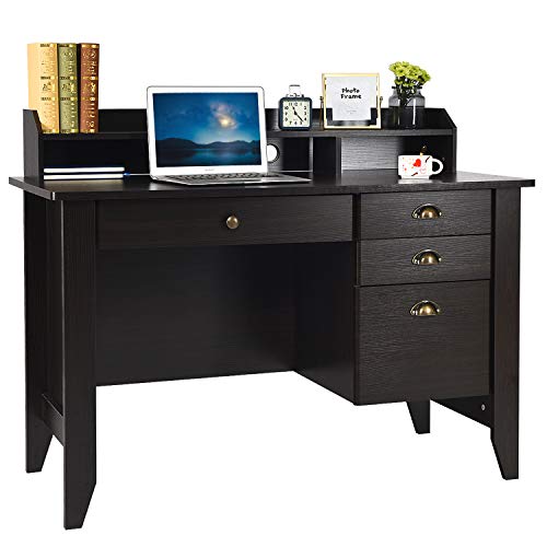 Catrimown Computer Desk with Drawers and Hutch, Wood Office Desk Teens Student Desk Study Table Writing Desk for Bedroom Small Spaces Furniture with Storage Shelves, Espresso Brown