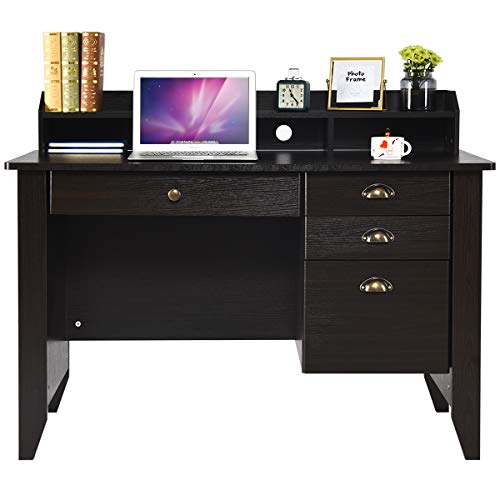 Catrimown Computer Desk with Drawers and Hutch, Wood Office Desk Teens Student Desk Study Table Writing Desk for Bedroom Small Spaces Furniture with Storage Shelves, Espresso Brown