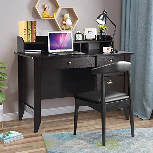 Catrimown Computer Desk with Drawers and Hutch, Wood Office Desk Teens Student Desk Study Table Writing Desk for Bedroom Small Spaces Furniture with Storage Shelves, Espresso Brown