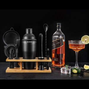 Soing 11-Piece Black Bartender Kit,Perfect Home Cocktail Shaker Set for Drink Mixing,Stainless Steel Bar Tools with Stand,Velvet Carry Bag & Cocktail Recipes Cards (Black)