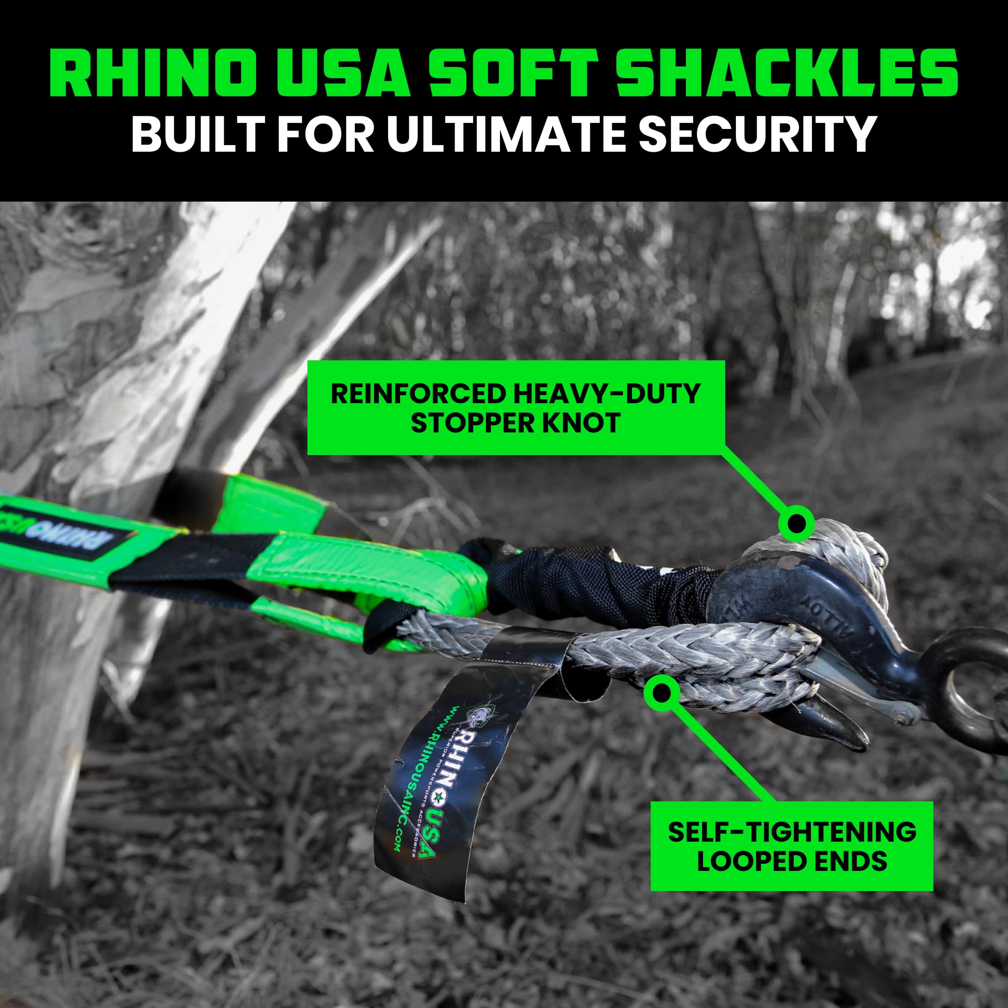 Rhino USA Synthetic Soft Shackle Rope - 44,050lb Guaranteed Max Break Strength Recovery Offroad Tow Shackles for UTV, ATV, Trucks, 4x4 - Use with Rhino Tow Strap (1/2" 1-Pack Gray)