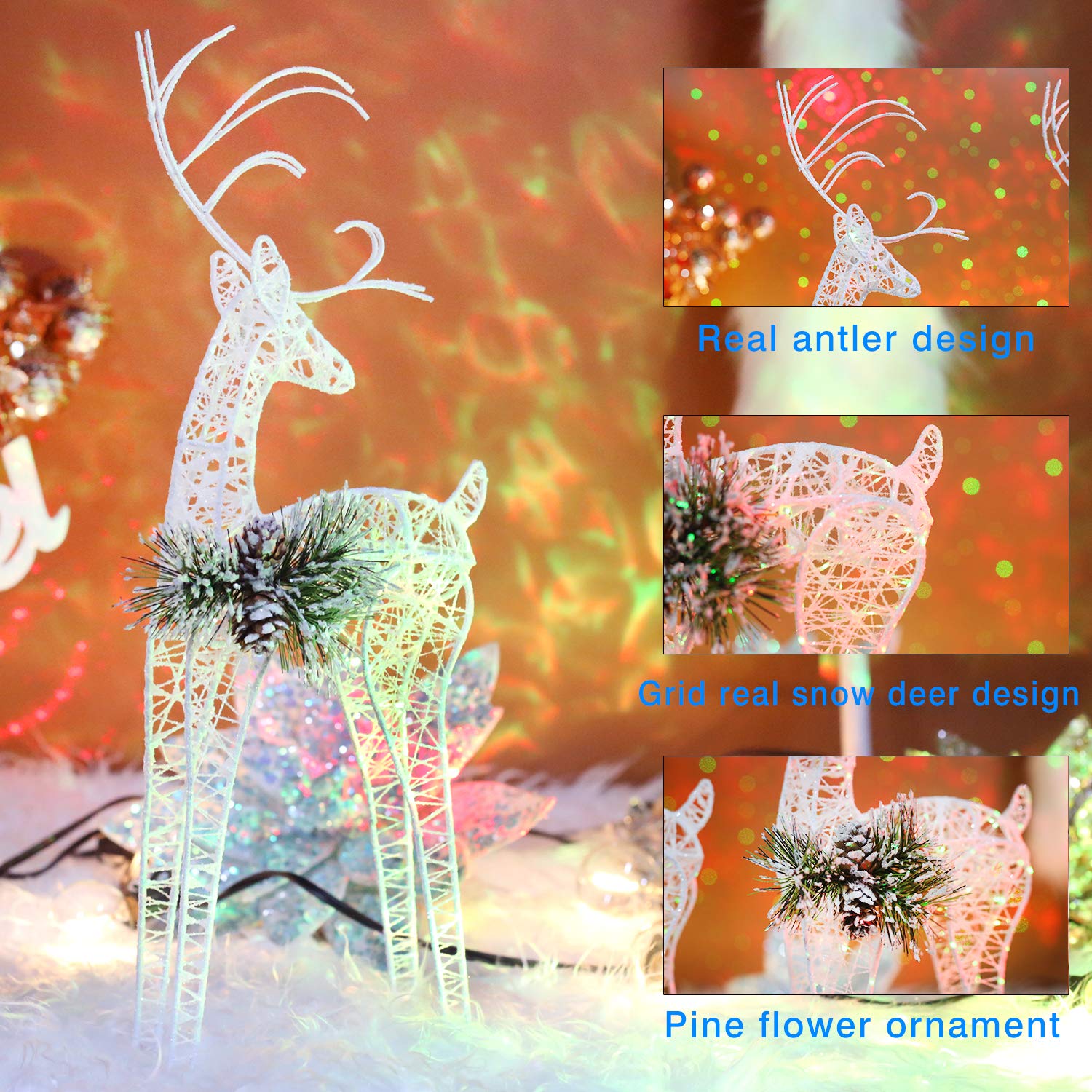 ZHANYIGY 2pc Set White Pinecone Rattan Thread String Christmas Reindeer Figurine Table Desk Decorations Glittering Xmas Holiday Party Supply