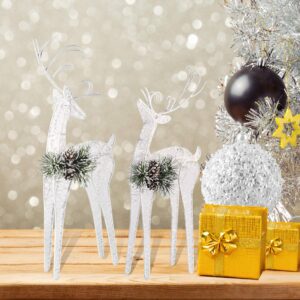 ZHANYIGY 2pc Set White Pinecone Rattan Thread String Christmas Reindeer Figurine Table Desk Decorations Glittering Xmas Holiday Party Supply