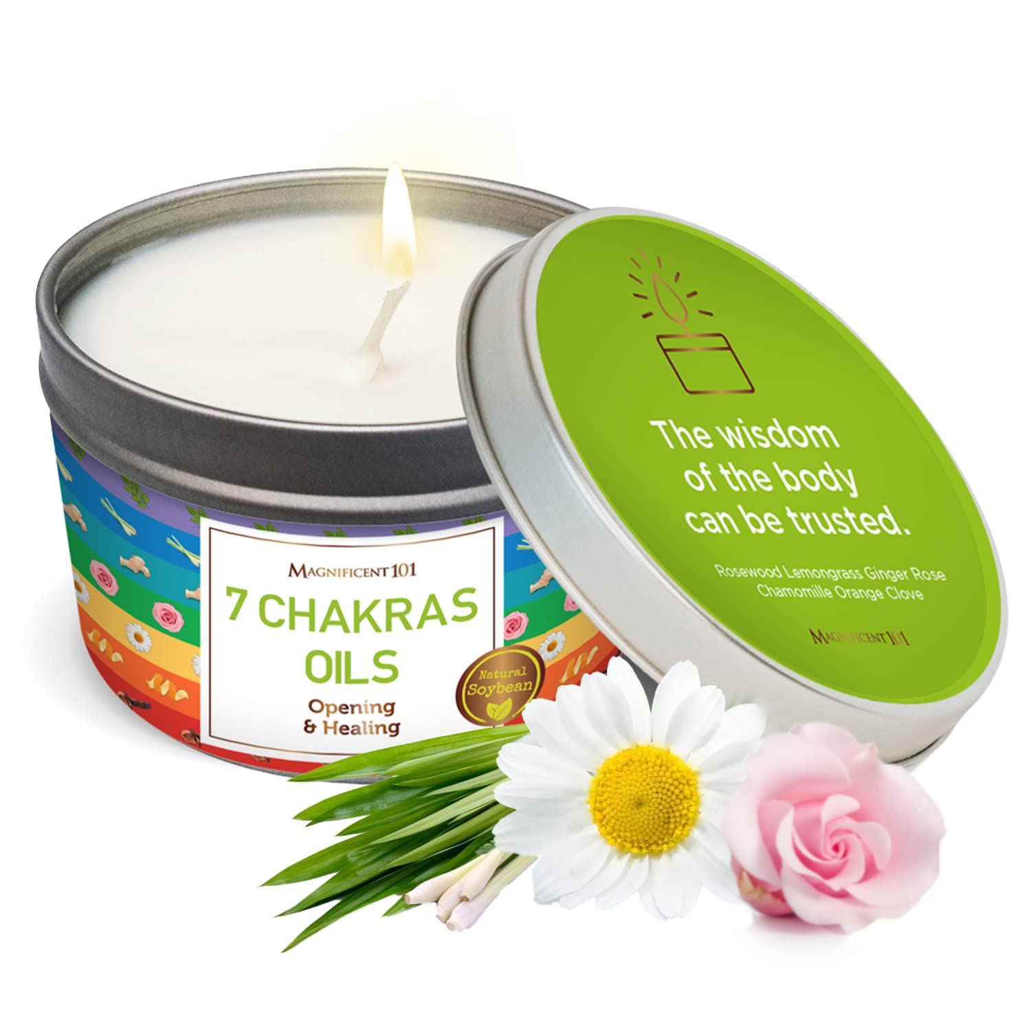 Magnificent 101 Long-Lasting 7 Chakras Oils Aromatherapy Smudge Candle | 6 Oz - 35-Hour Burn | 100% Soy Wax, Herbs & Essential Oils | Ideal for Meditation, Healing, Energy Cleansing & Manifestation