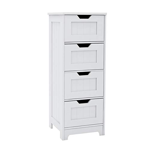 RASOO Bathroom Floor Cabinet White Freestanding Storage Organizer Cabinet with 4 Drawers for Bathroom, Living Room, Kitchen, 11.81"x11.81"x32.68"(LxWxH)