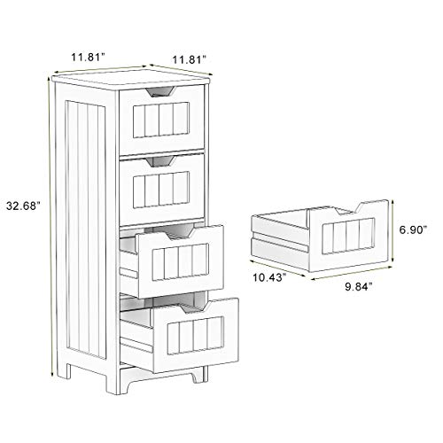 RASOO Bathroom Floor Cabinet White Freestanding Storage Organizer Cabinet with 4 Drawers for Bathroom, Living Room, Kitchen, 11.81"x11.81"x32.68"(LxWxH)