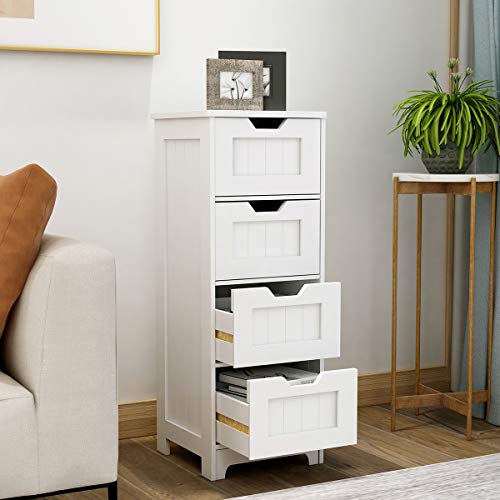 RASOO Bathroom Floor Cabinet White Freestanding Storage Organizer Cabinet with 4 Drawers for Bathroom, Living Room, Kitchen, 11.81"x11.81"x32.68"(LxWxH)