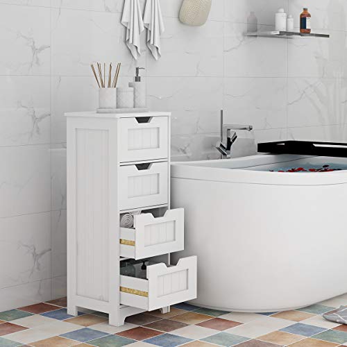 RASOO Bathroom Floor Cabinet White Freestanding Storage Organizer Cabinet with 4 Drawers for Bathroom, Living Room, Kitchen, 11.81"x11.81"x32.68"(LxWxH)