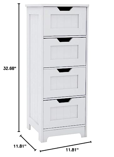 RASOO Bathroom Floor Cabinet White Freestanding Storage Organizer Cabinet with 4 Drawers for Bathroom, Living Room, Kitchen, 11.81"x11.81"x32.68"(LxWxH)