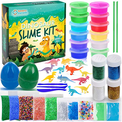 Dinosaur Slime Kit for Boys & Girls - 12 Colorful Premade Slime, 12 Glow in The Dark Dinosaur Toys, 2 Glow in The Dark Mixing Powder, 4 Glitter Powder, Ultimate DIY Crystal Slime Kit Gift for Boys