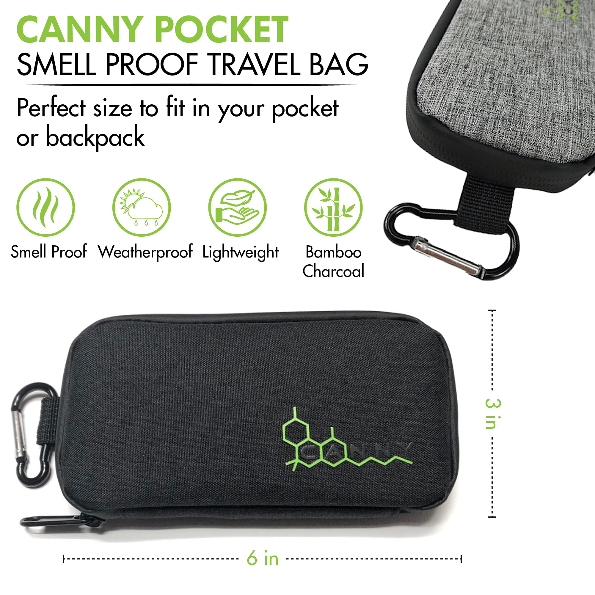 CANNY Smell Proof Bag – Pocket Size Odor Eliminating Travel Pouch/ Container– Medicine Stash Case with Activated Carbon and Bamboo Charcoal (Black)