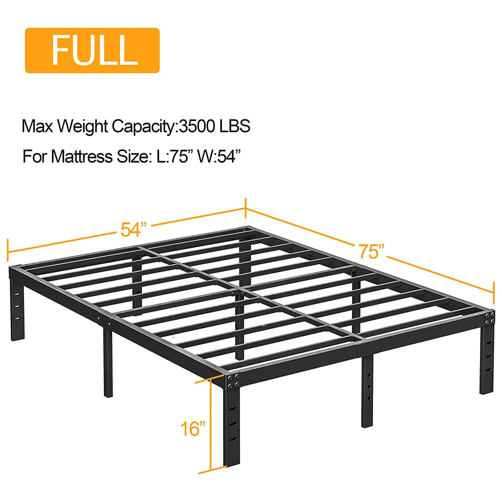 COMASACH Full Size Bed Frame 16 Inch Tall Heavy Duty Metal Platform Bed Frame, Sturdy Steel Frame,Support up to 3500lbs,No Box Spring Needed,Noise-Free,Easy Assembly