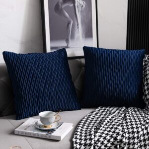 DEZENE Navy Striped Couch Pillow Cases: 2 Pack 22x22 Inch Original Velvet Square Throw Pillow Covers for Farmhouse Home Decor