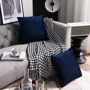 DEZENE Navy Striped Couch Pillow Cases: 2 Pack 22x22 Inch Original Velvet Square Throw Pillow Covers for Farmhouse Home Decor