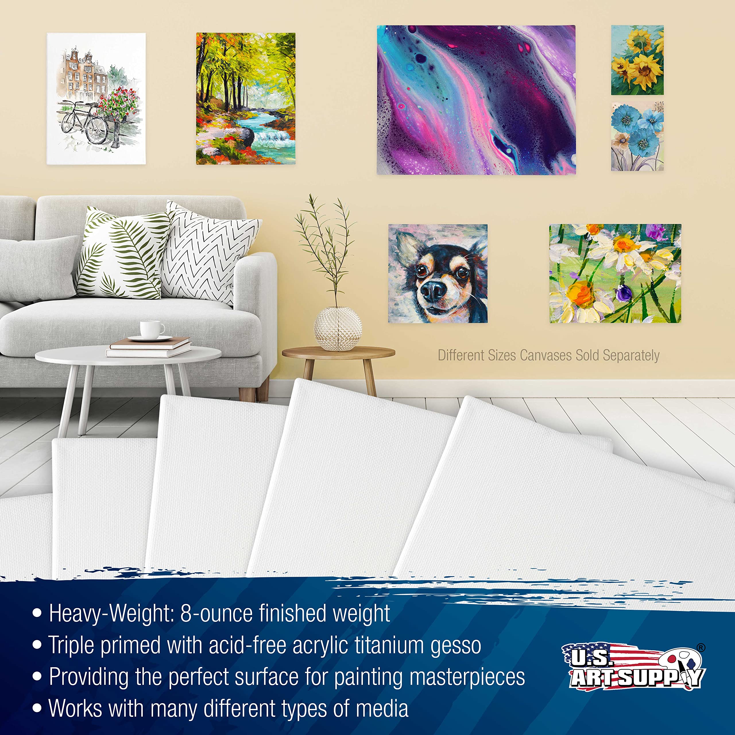 U.S. Art Supply 5 x 7 inch Stretched Canvas Super Value 10-Pack - Triple Primed Professional Artist Quality White Blank 5/8" Profile, 100% Cotton, Heavy-Weight Gesso - Acrylic Pouring, Oil Painting