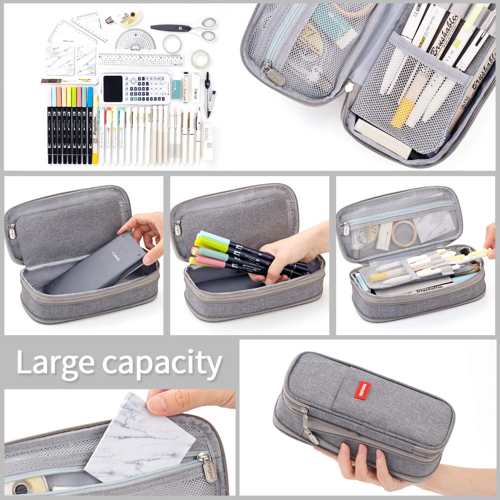 EASTHILL Big Capacity Pencil Pen Case Office College School Large Storage High Capacity Bag Pouch Holder Box Organizer (Gray)