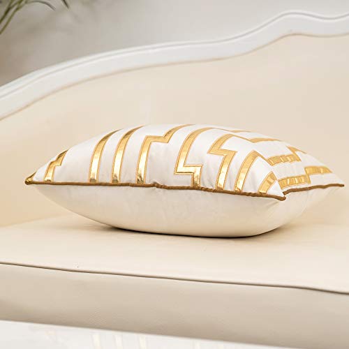 Alerfa White Geometric Gold Leather Striped Throw Pillow Covers 18x18 Inch, Luxury European Cushion Cases Decorative Pillows for Couch Living Room Bedroom 45 x 45cm