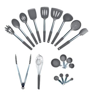 Home & Kitchen Essentials Cooking Utensils Set - Non Stick Silicone Kitchen Utensils Set - Stainless Steel Handles, Heat Resistant, BPA Free, and Dishwasher Safe (Gray, 19 Pieces)