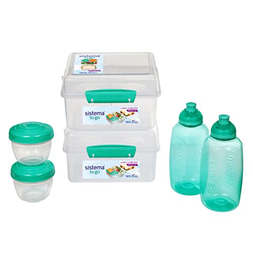 Sistema Lunch Containers Bento Box with Condiment and Sandwich Containers, 2 Water Bottles, Dishwasher Safe, Blue/Green